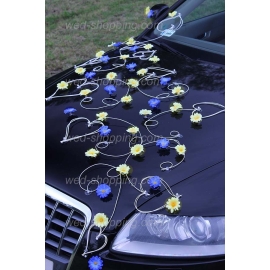 Trouwauto versiering geel-blauw madeliefjes