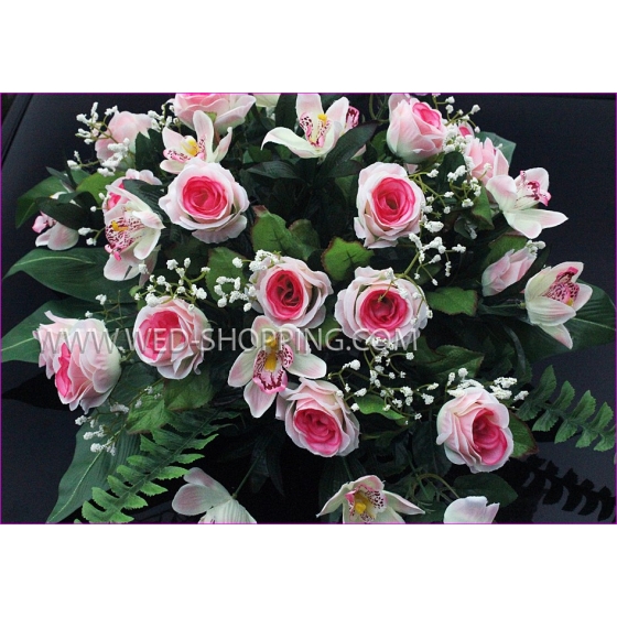 Bruiloft auto boeket Rozen en Orchideeën - Roze