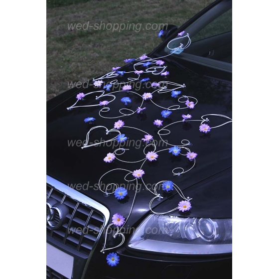 Trouwauto versiering violet-blauw madeliefjes