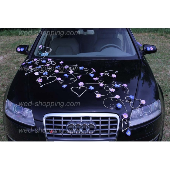 Trouwauto versiering violet-blauw madeliefjes DEK1024