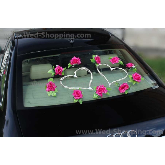 Trouwauto versieren donker roze rozen DEK1040
