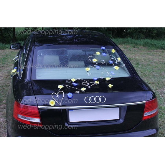 Trouwauto versiering geel-blauw madeliefjes DEK1018