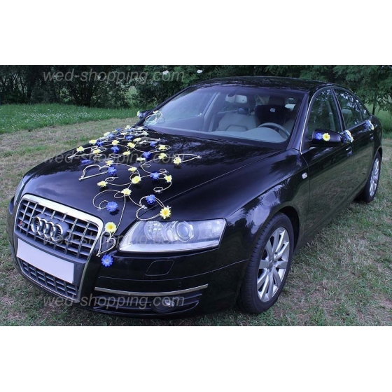 Trouwauto versiering geel-blauw madeliefjes DEK1018