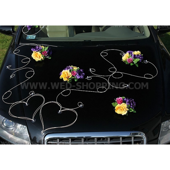 Violet-geel-bordeaux rozen Versiering trouwauto