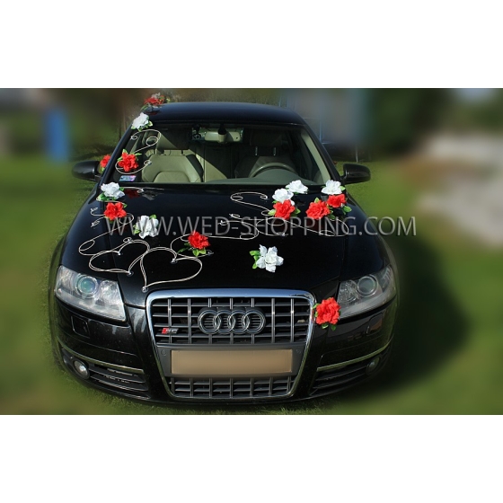 Decoratie kit voor bruiloft auto - rood-wit Roses DEK1705