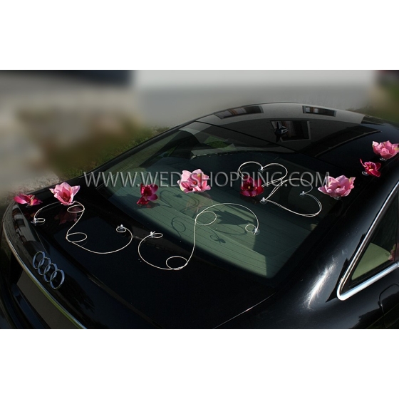 Trouwauto versiering roze magnolias en orchideeën DEK1704