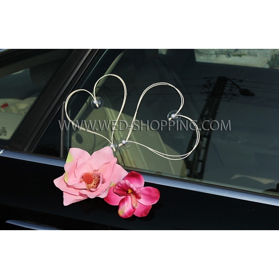 Trouwauto versiering roze magnolias en orchideeën DEK1704