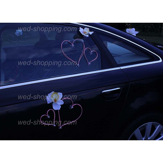 Roze hartjes witte orchideeën voor trouwauto DEK1029
